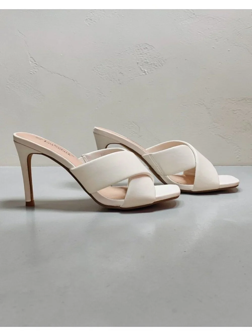 White Cross Strap Stiletto Heel Mules With Square Toe Design For Women
